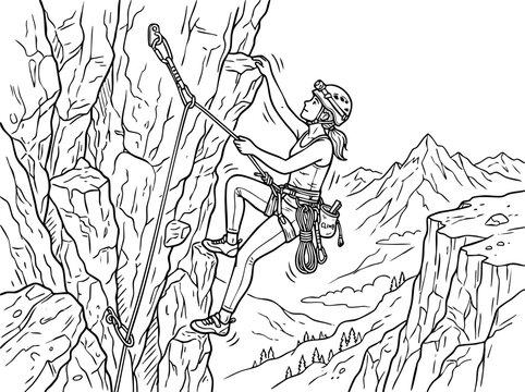 Woman rock climbing on outdoor mountain cliff outline vector illustration