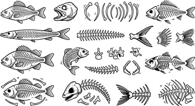 Hand drawn fish skeleton and bone vector set in vintage linocut engraving style isolated on white background