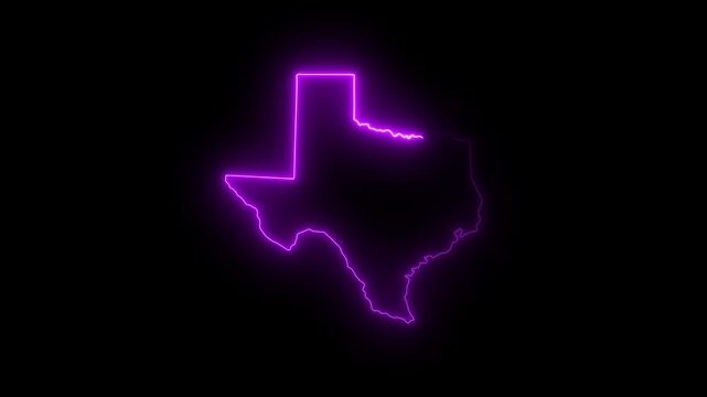 Neon texas state map outline glowing purple light animation on black background