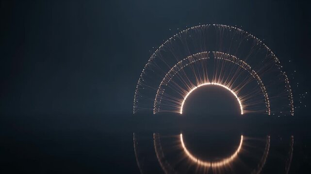 Light, architecture and circular installation at night for futuristic display, glowing structure and technology event. Abstract, reflection and water with golden glow, dark background and artistic