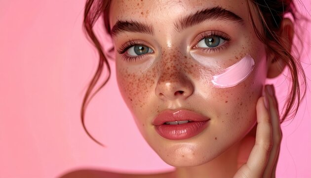 Beautiful woman with freckles applying cosmetic cream under soft pink lighting, commercial beauty photography