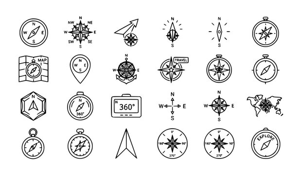Vintage and modern compass navigation line icon collection for travel and outdoor design