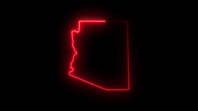 Arizona state map outline with glowing red neon light effect on black background