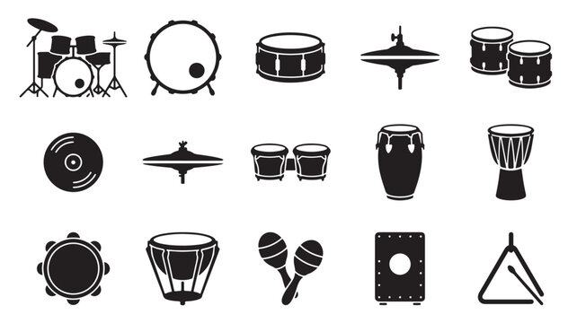 Percussion instrument icons set, 15 black drum kit and rhythm vector symbols, musical equipment collection for concert posters