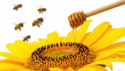 Naklejka premium Natural honey dripping from wooden dipper with flying bees and fresh sunflower head on white