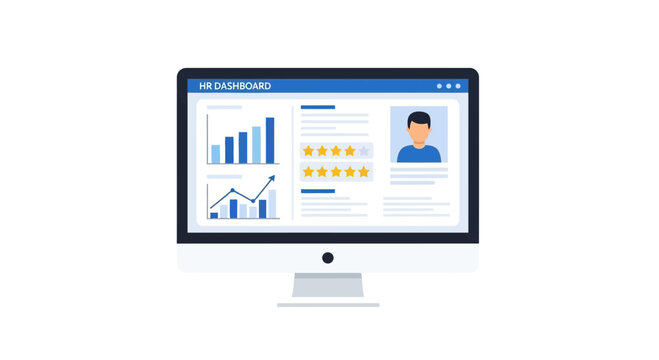 HR Dashboard Interface on Monitor Displaying Employee Performance Metrics and Workforce Analytics. Human Resources Software Management System Vector Illustration.
