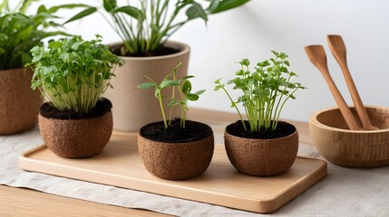 Fototapeta premium Three small potted seedlings in coconut shell containers arranged on a wooden tray with kitchen utensils nearby