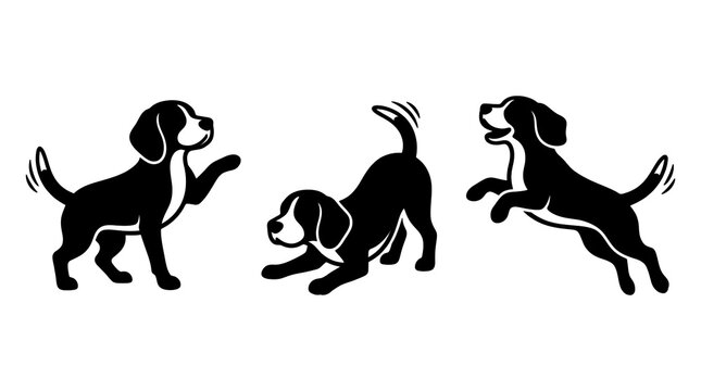 Playful beagle dog silhouettes isolated on transparent background.