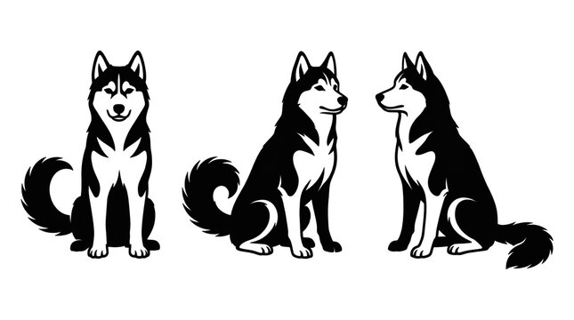 Siberian husky dog vector silhouettes isolated on transparent background