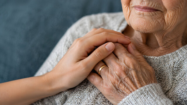Younger hand holding elderly woman hands in care and support