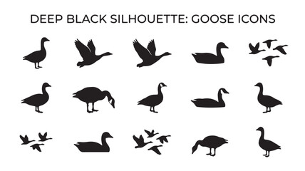 Fototapeta premium Deep black silhouette goose icons set, flying wild geese vector symbols, waterfowl bird shapes collection for logo design