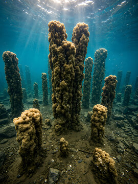 Tall columnar sea sponges growing in groups on the seafloor beneath clear blue water, forming an unusual underwater habitat illuminated by sunlight from above.