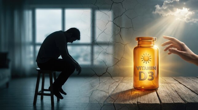 Addressing deficiency, overcoming sadness, human seeking renewed vitality, powerful vitamin D3 supplement, natural sunlight enhancing mood, strong bones, and comprehensive wellbeing