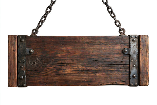 Old rustic wooden signboard with iron chains hanging isolated on white background. Perfect for shop signage or vintage menu board design concepts.