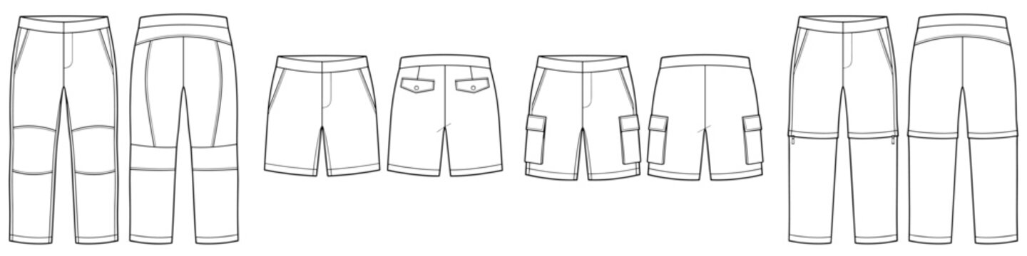 Set of cargo pants and zip-off pants technical fashion illustration with normal waist, outdoor style, flap pockets. Flat trousers apparel template front, back, outline. Women, men CAD mockup
