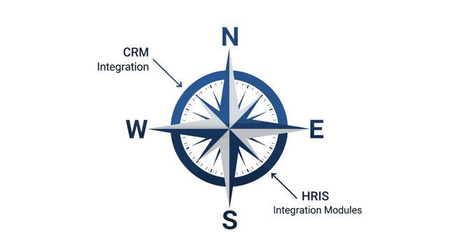 Business Navigation Compass Concept with CRM Integration and HRIS Integration Modules for Enterprise Software Strategy and Data Management