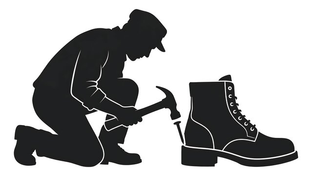 Cobbler repairing boot with hammer white background.