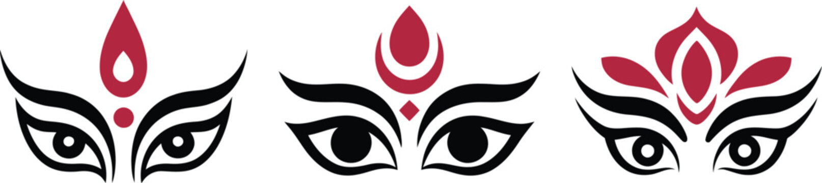 Set of three stylized goddess eyes with traditional indian decorative elements
