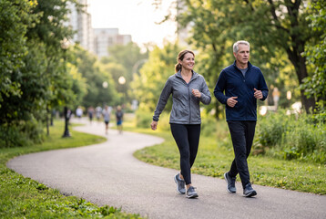 Fototapeta premium Middle-Aged Couple Jogging Together Along Green Park Path