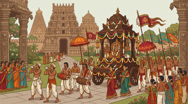 Ancient Chola temple procession with musicians and decorated ceremonial chariot, 4k wall art decor
