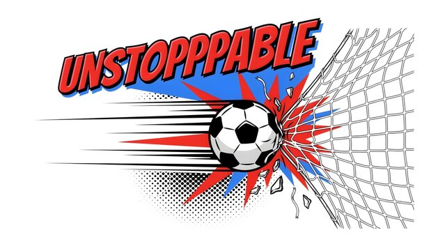 Unstoppable comic book style soccer ball hitting net with speed motion lines.