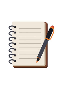 Hand-traced vector illustration of a spiral notebook with a pen resting on a lined page, featuring black coiled binding, cream paper, and a sleek dark pen with orange accents in a flat design style