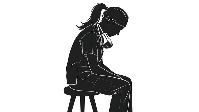 Silhouette of woman sitting on stool white background.