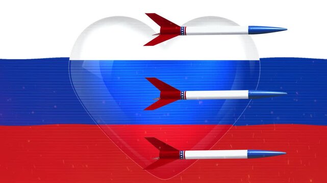 Animation of the Russian flag with three missiles - A glossy, heart-shaped icon featuring the Russian national flag design, set against a matching waving flag 