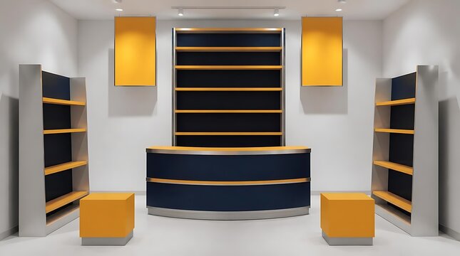Modern retail store interior with display shelves and reception desk.