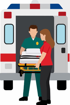 Hand-traced vector illustration of a paramedic and assistant lifting a stretcher toward an open ambulance, depicting urgent medical emergency response and patient transport service in flat design