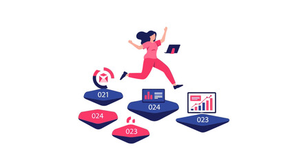 Naklejka premium Business Woman Jumping Through Data Platforms for Growth and Success Illustration