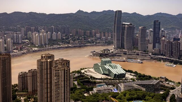 Chongqing cyberpunk city skyline with river