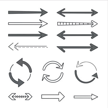 Collection of directional arrows and circular symbols in black and white 1.