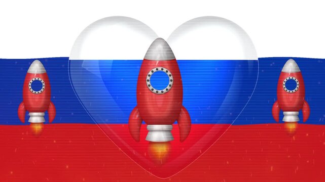 Animation of the Russian flag with three missiles. - A glossy, transparent heart shape featuring the Russian tricolor flag design, set against a matching wavy