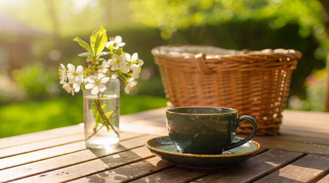 steaming hot coffee in a green cup on a wooden table in a sunny spring garden with white blossoms and a wicker basket