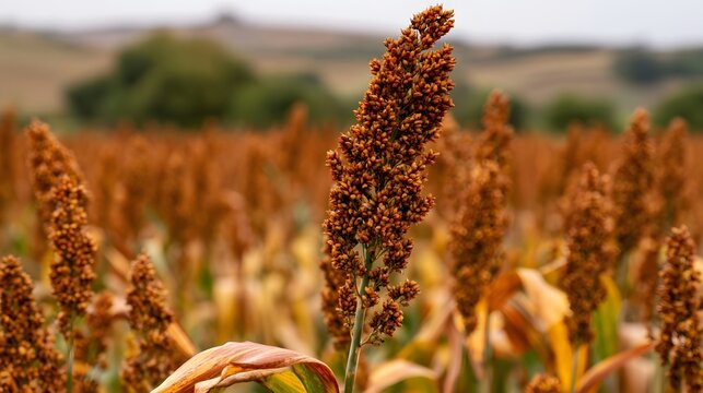 A close up of a mature sorghum plant with golden brown seed heads standing tall in a field under soft daylight