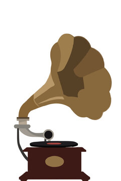 Vintage hand-drawn vector illustration of an antique phonograph with a large flared horn, wooden gramophone base, spinning vinyl record, and turntable, rendered in classic brown and tan tones