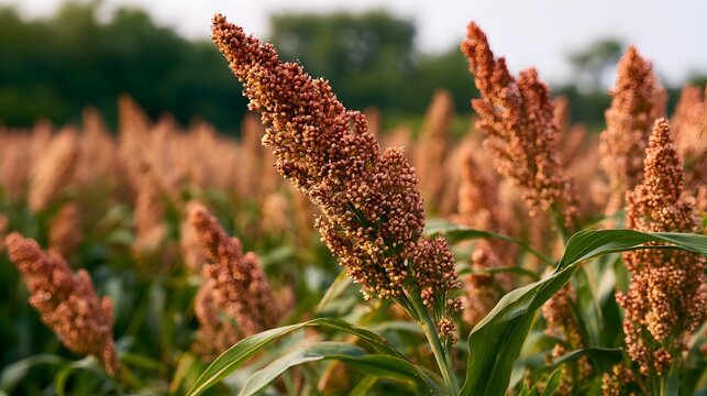 A close up view of ripe sorghum stalks with dense clusters of grains  set against a softly blurred field under natural daylight