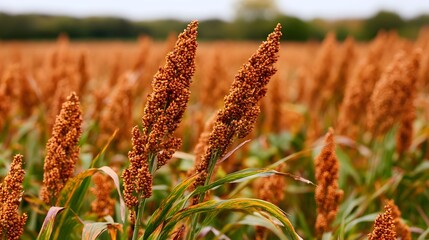 Obraz premium Golden sorghum stalks stand tall in a vast field under soft diffused daylight with blurred background enhancing depth and seasonal warmth