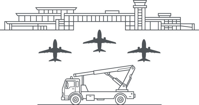 Airport terminal building line art vector illustration with passenger airplanes flying and cherry picker utility truck