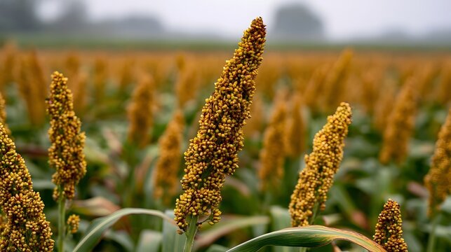 Golden sorghum stalks rise in a field under soft  diffused light  creating a serene and textured agricultural landscape