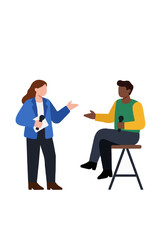 Obraz premium Two panelists conversing on stage vector illustration, hand-traced flat design showing diverse professionals engaged in lively discussion, one standing and one seated on high stool, both holding