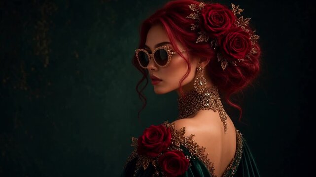 Profile portrait of glamorous red-haired woman in sunglasses, generative AI