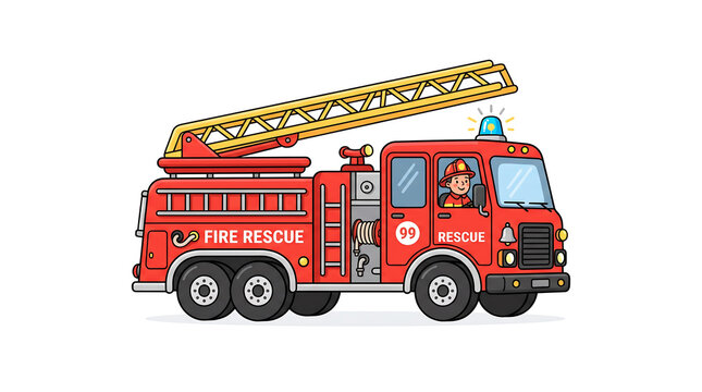 Red cartoon fire truck vehicle with ladder and firefighter driver isolated on white background