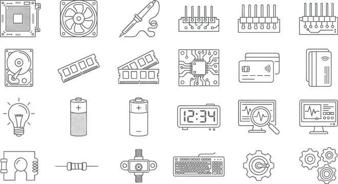 Computer hardware and electronic engineering components icons pack featuring circuit board soldering iron memory ram chips gears