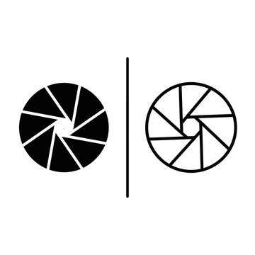 Camera aperture shutter outline and black fill icon set with aperture photography collection
