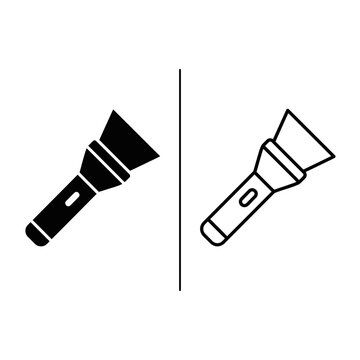 Torch flashlight outline and black fill icon set with flashlight illumination portable equipment