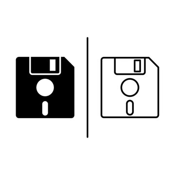 Floppy disk outline and black fill icon set with computer technology document isolated hardware