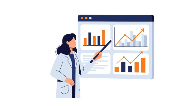 Business Analyst Woman Pointing to Data Dashboard with Growth Charts and Graphs, Flat Vector Illustration for Financial Report, Statistics and Marketing Analytics
