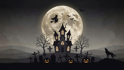 Fototapeta premium Spooky Halloween background with haunted house, full moon, witch flying on a broomstick, bats, pumpkins, and graveyard silhouettes